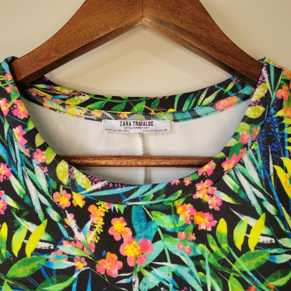 Zara Trafaluc Tropical Floral Neon Print Shift Dress Women’s Size Medium - Picture 3 of 8
